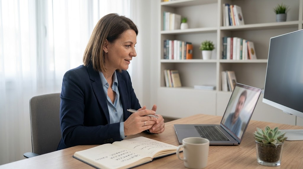 Life coach online durante un incontro in videochiamata su obiettivi personali