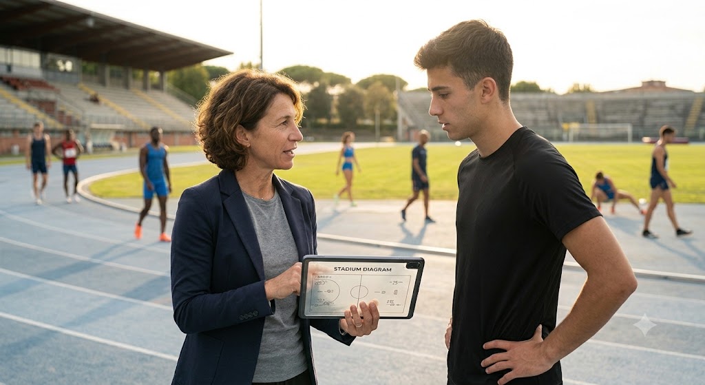 Un mental coach sportivo parla con un atleta a bordo campo durante una sessione di allenamento mentale