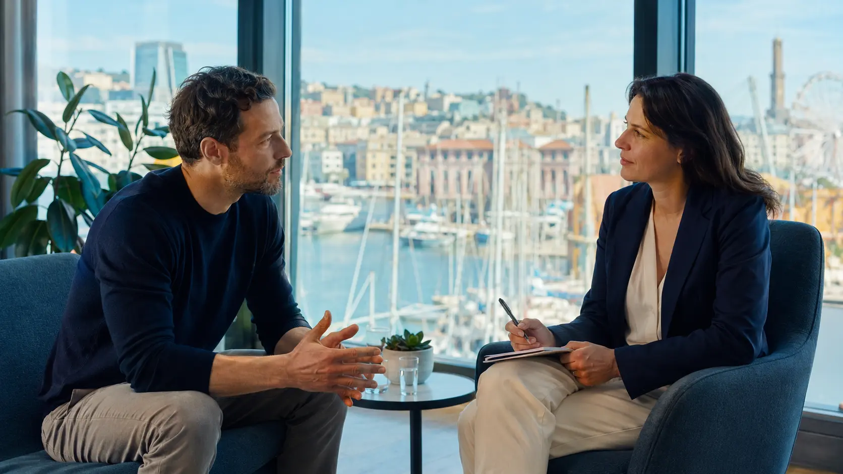 Colloquio tra mental coach e cliente in uno studio vicino al Porto Antico di Genova