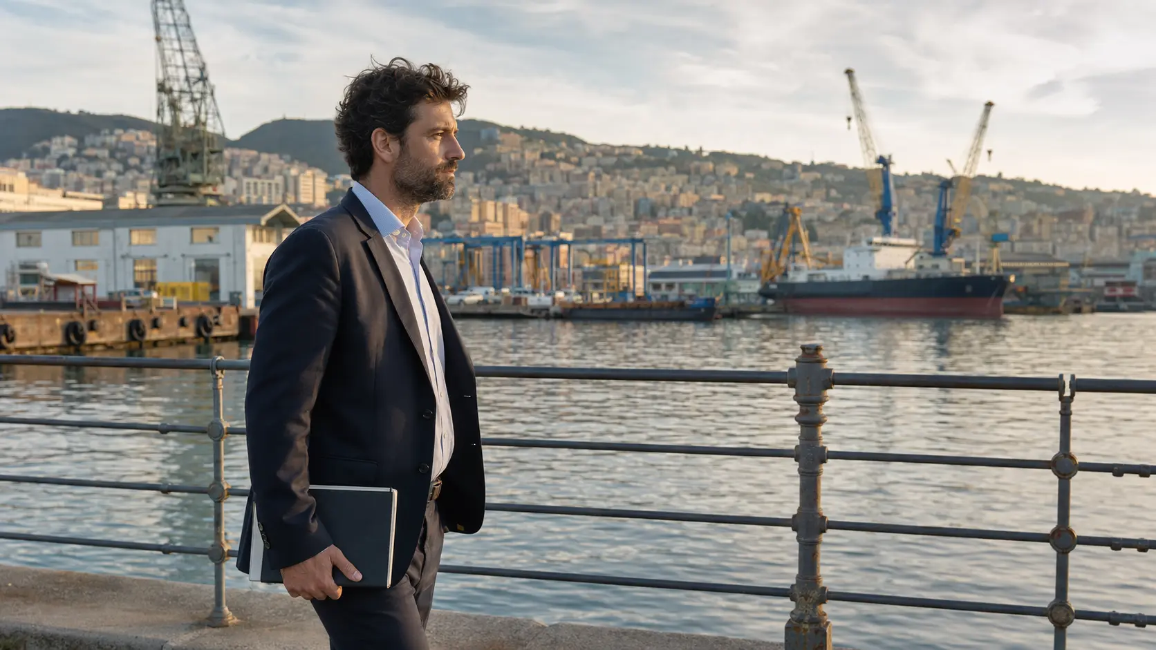 Professionista con taccuino sul lungomare del porto di Genova