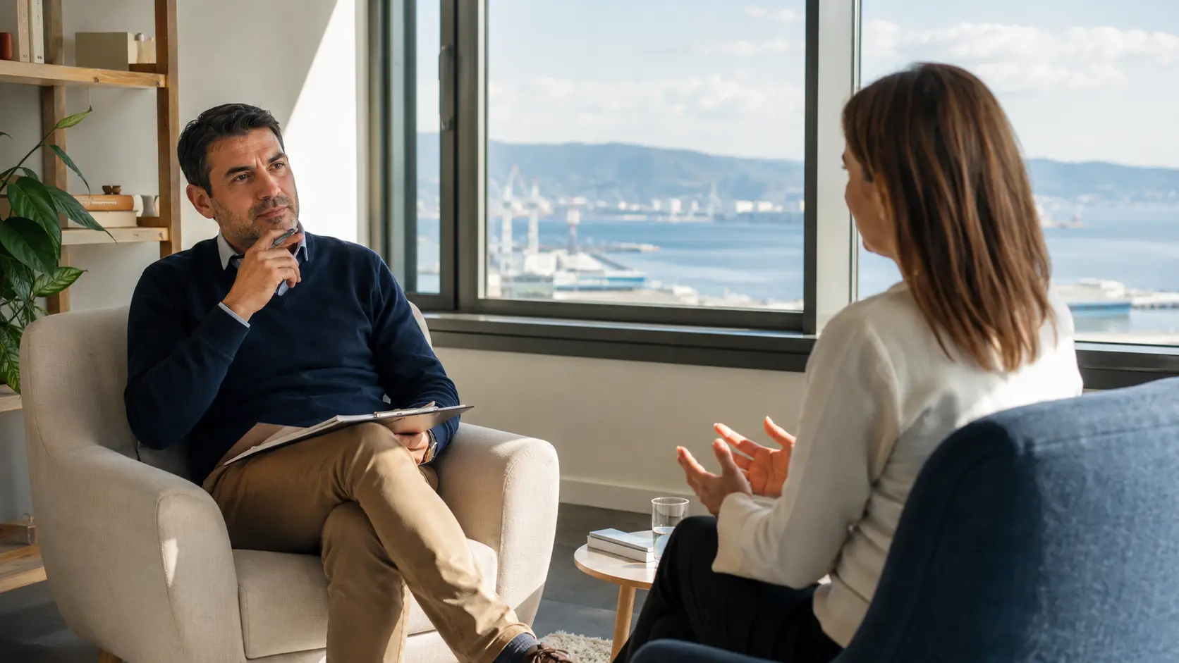 Incontro tra mental coach e cliente in uno studio affacciato sulla costa ligure