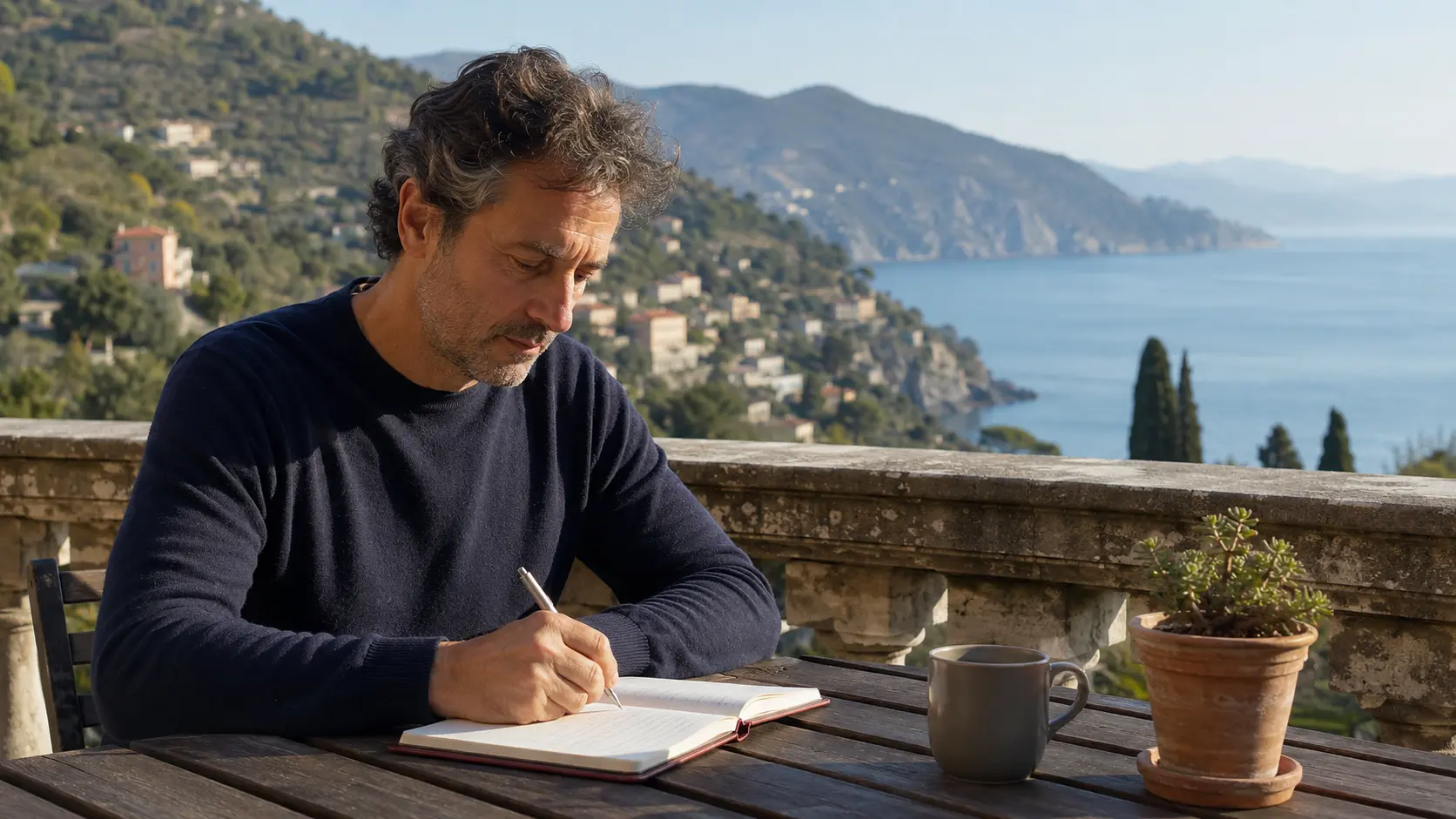 Professionista prepara un piano di obiettivi su una terrazza della costa ligure