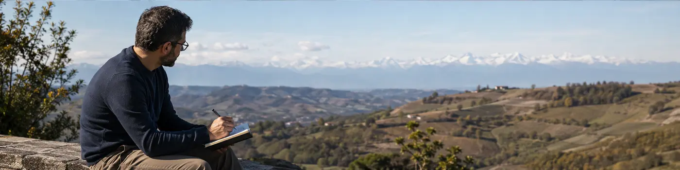 Professionista che riflette sui propri obiettivi tra le colline piemontesi e le Alpi