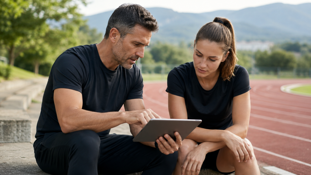 Dialogo tra mental coach sportivo e atleta durante un allenamento