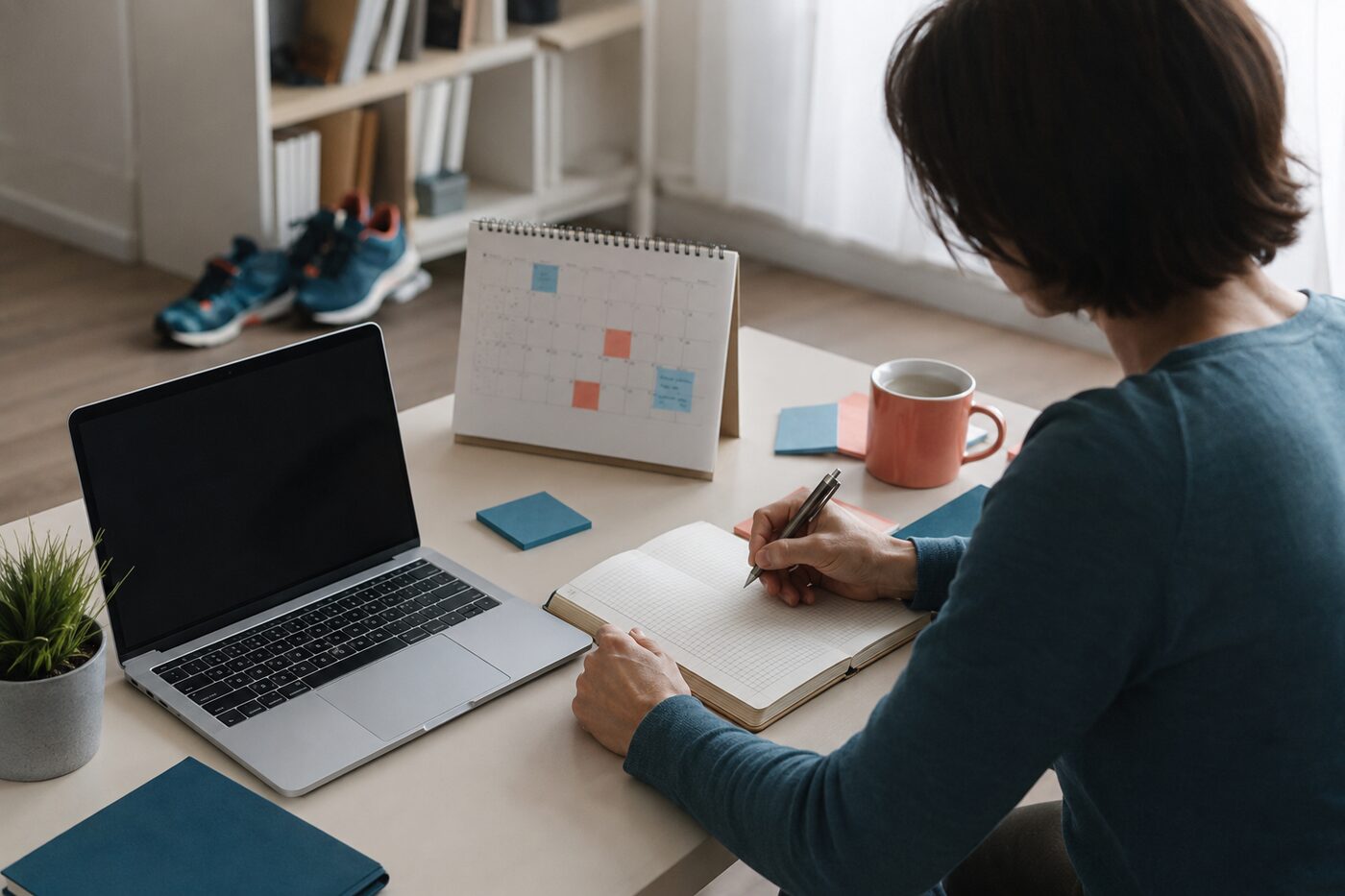 Persona che organizza un piano settimanale dopo una sessione di mental coaching online