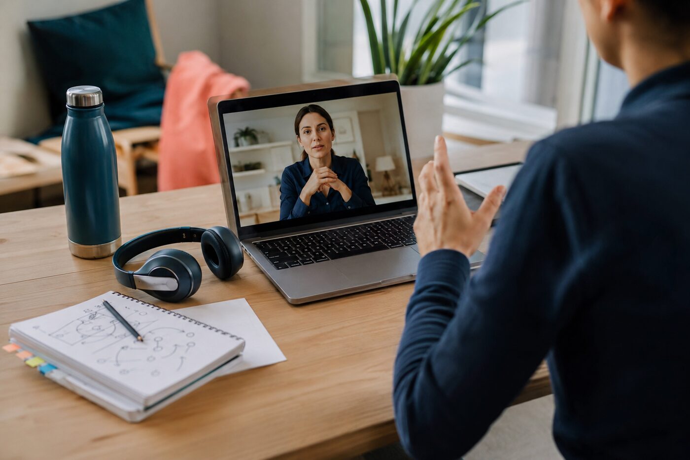 Persona durante una sessione di mental coaching online al computer