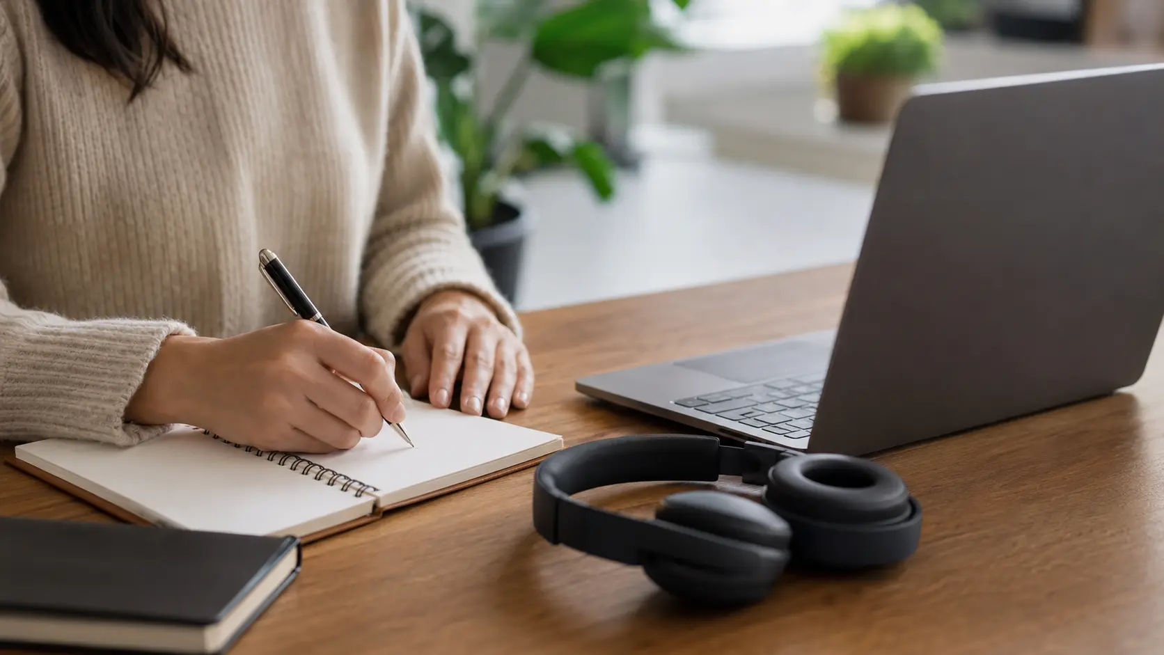 Persona prepara una sessione online con taccuino, computer e cuffie