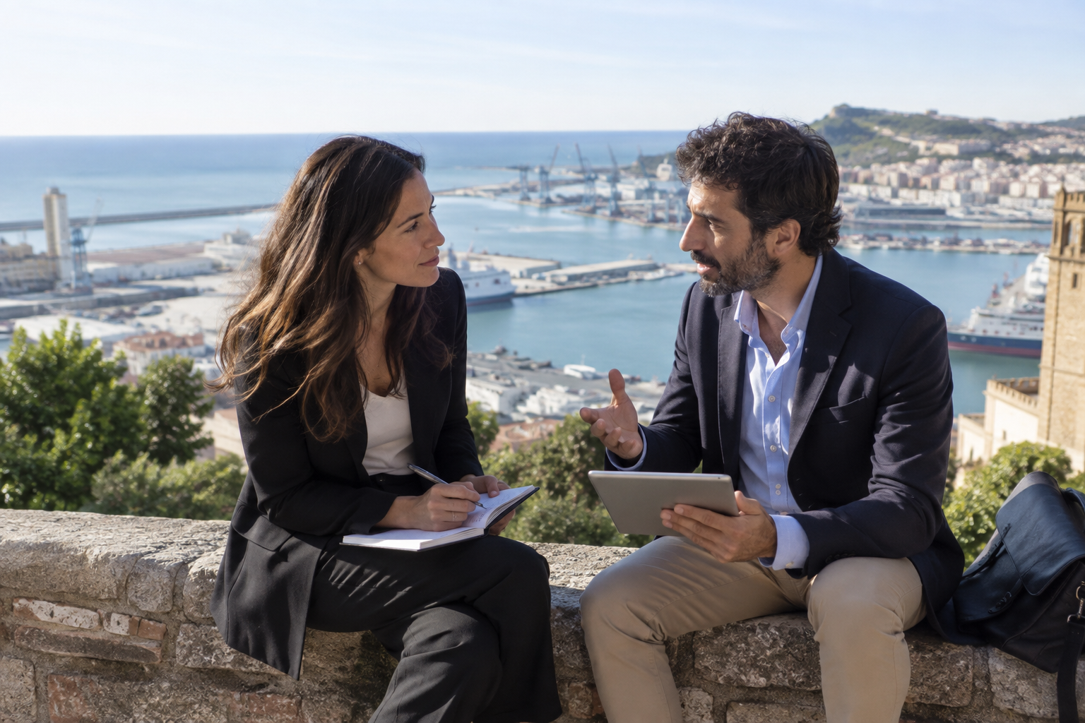 Professionista in cammino in un contesto urbano e portuale di Ancona