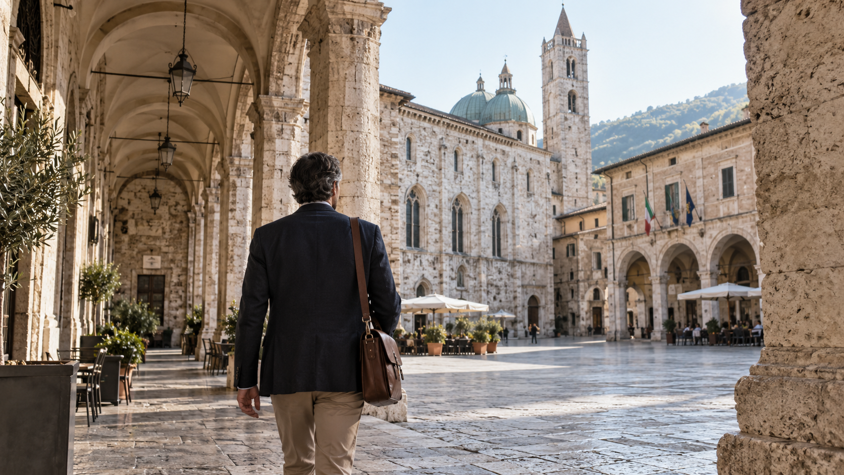 Professionista sotto i portici di una piazza storica ad Ascoli Piceno