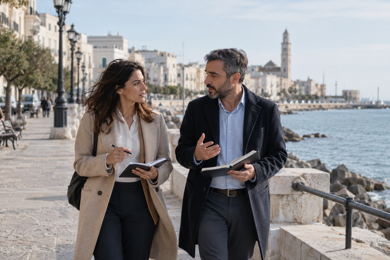 Confronto professionale durante una passeggiata sul lungomare di Bari