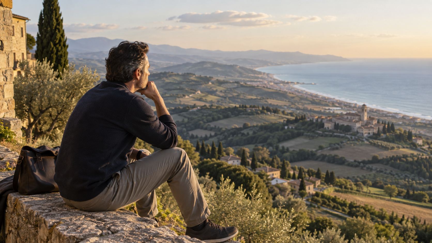 Professionista su una collina con vista sul territorio fermano e l'Adriatico