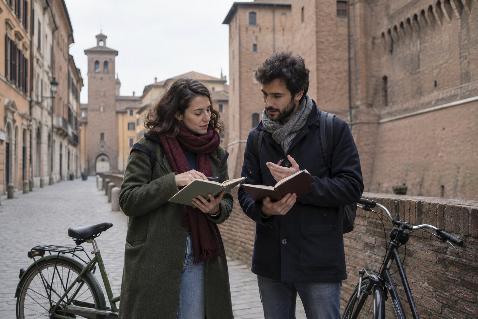 Confronto di coaching accanto alle biciclette nel centro di Ferrara