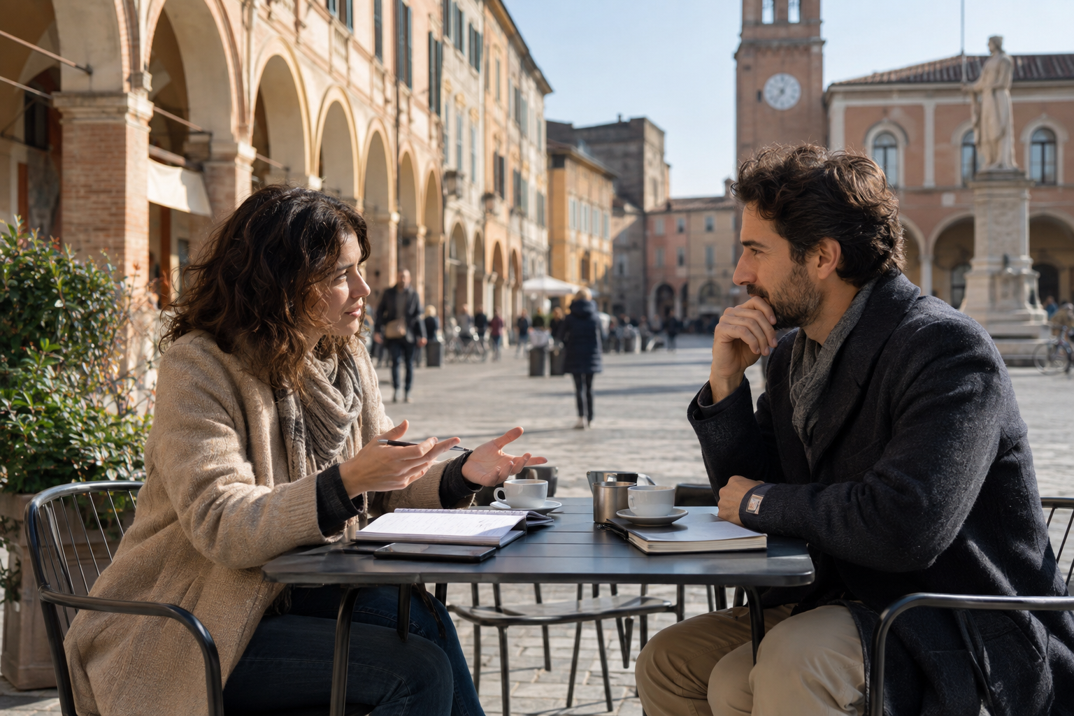 Sessione di coaching in una piazza della Romagna tra Forlì e Cesena