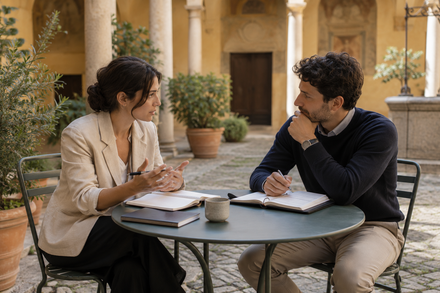 Colloquio di mental coaching in una corte tranquilla di Parma