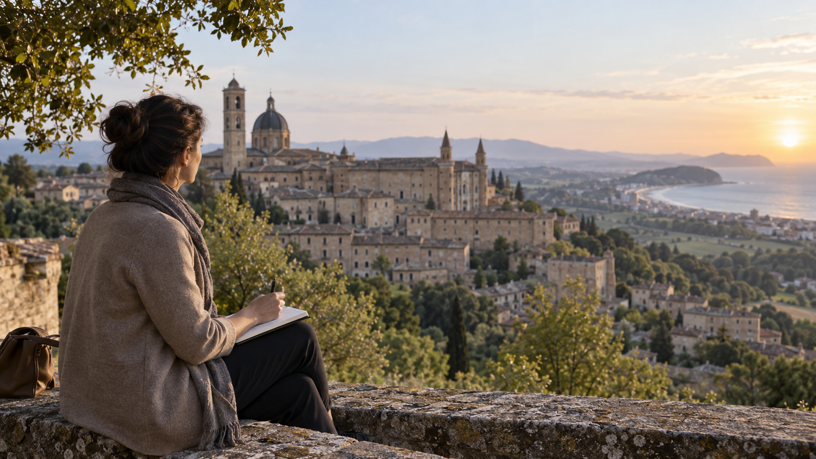 Professionista con taccuino davanti al paesaggio di Urbino e della costa pesarese