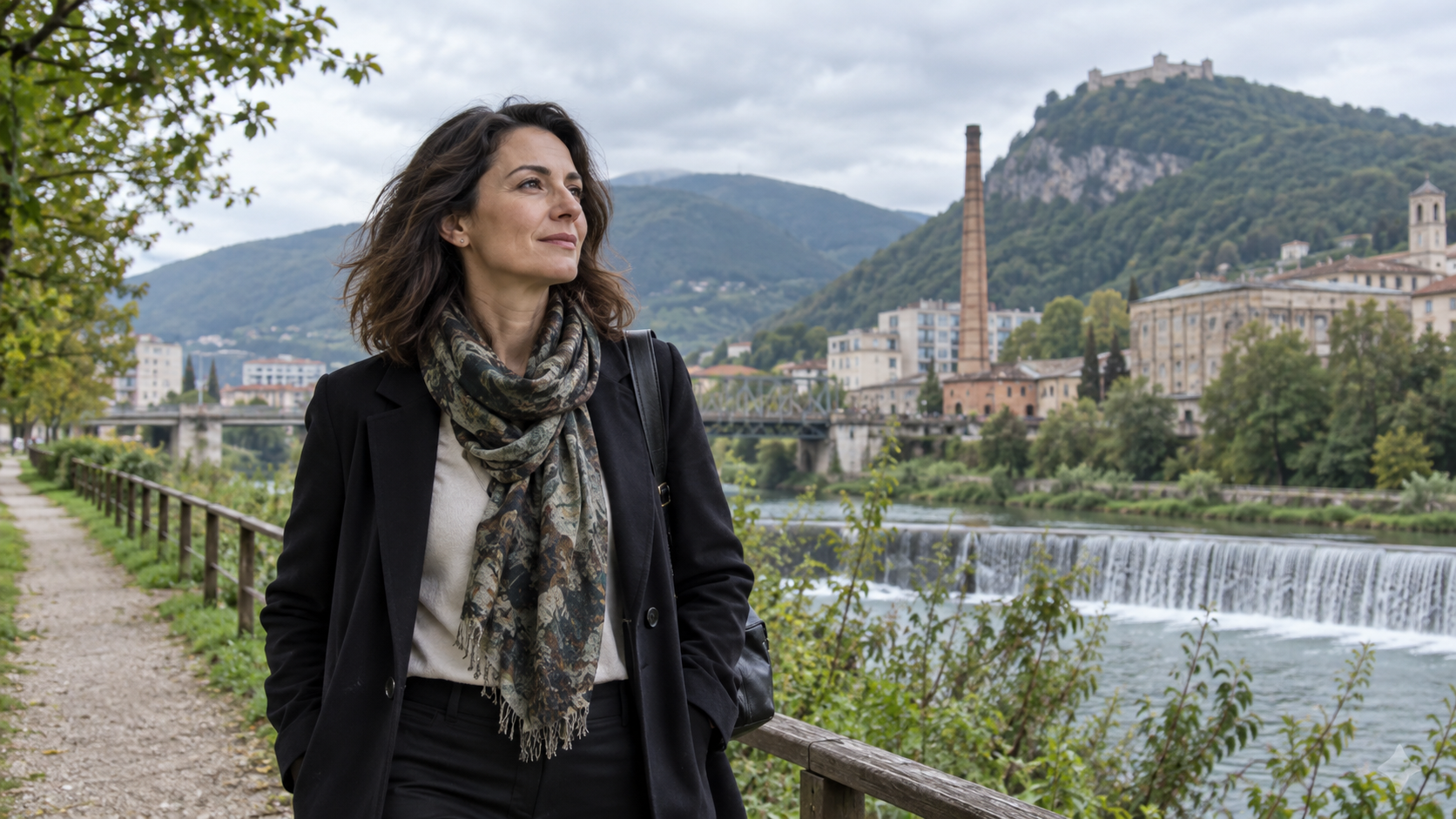 Professionista lungo il fiume in un paesaggio urbano e industriale di Terni